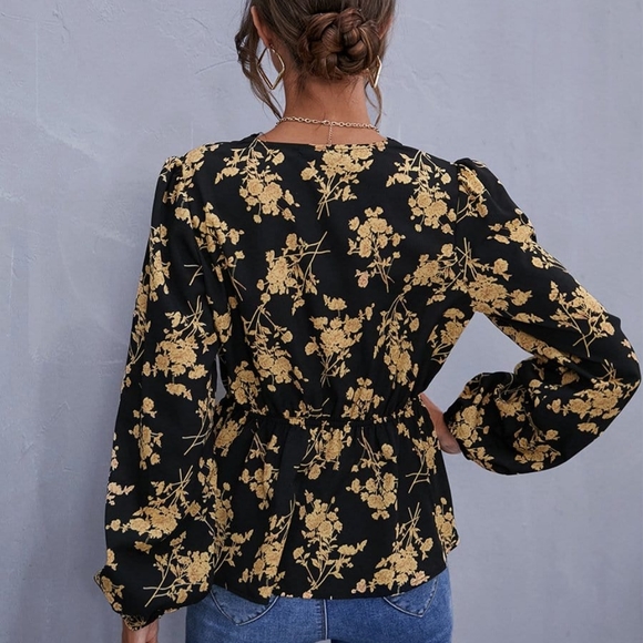 Black & Gold Floral Peplum Blouse - Picture 2 of 6